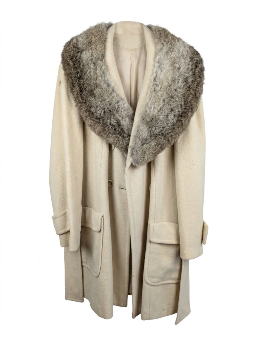 VTG 1960s Wool Coat Fur Collar Belted Cream Tan ILGWU Union Made Penny Lane L